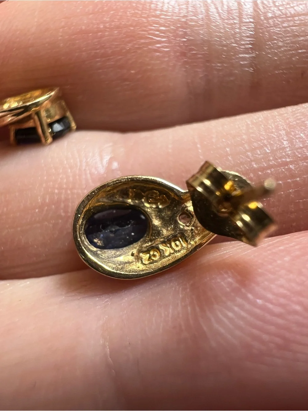 10K Gold Blue Sapphire Oval Stud Earrings with CZ Accent